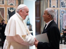 Pope Francis greets Fr. Mathew Vattamattam, superior general of the Claretian Missionaries, at the Vatican, Sept. 9, 2021
